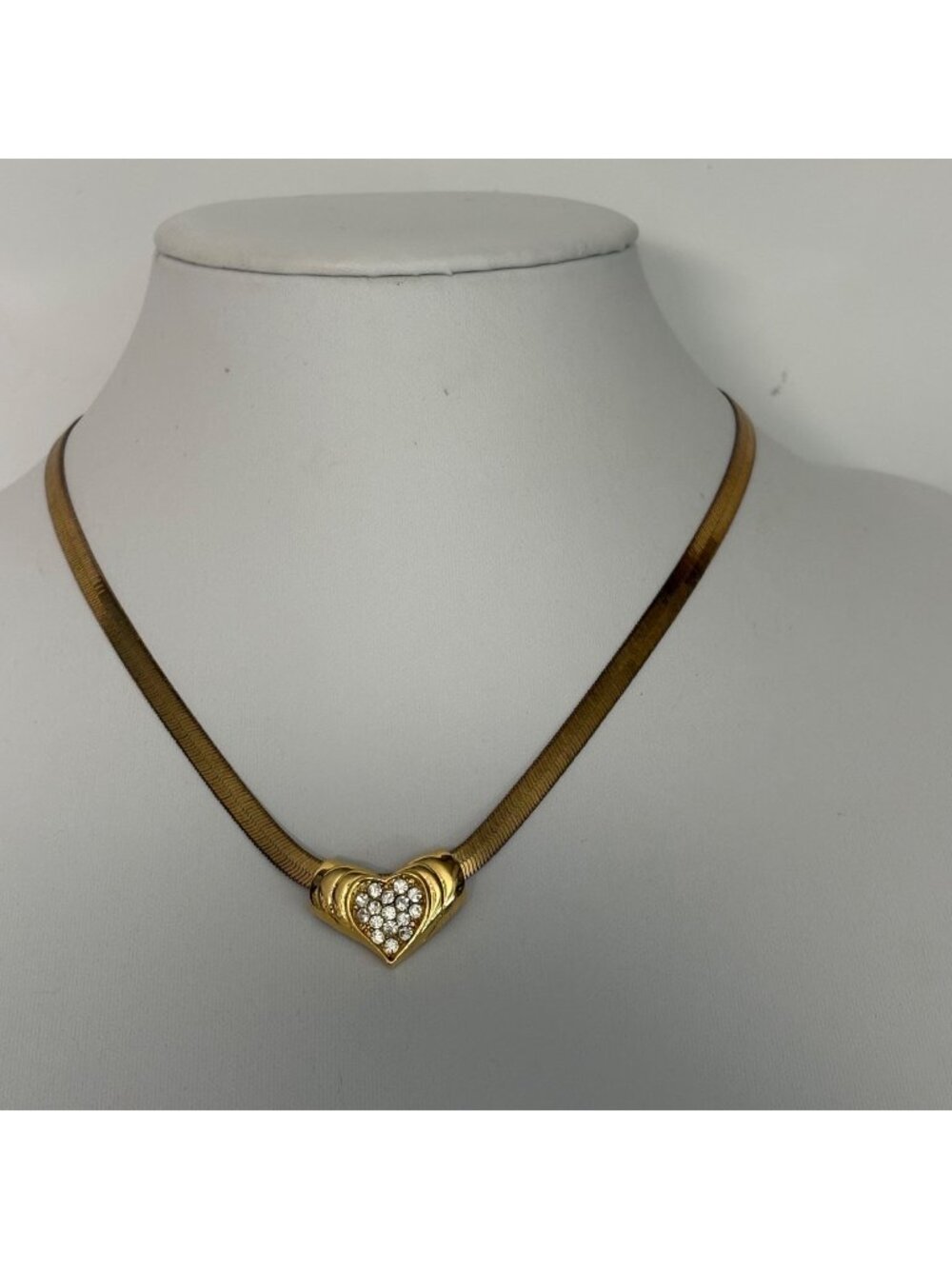 Removable Gold Tone Heart Pendant Necklace Rhinestone Accents Herringbone Chain